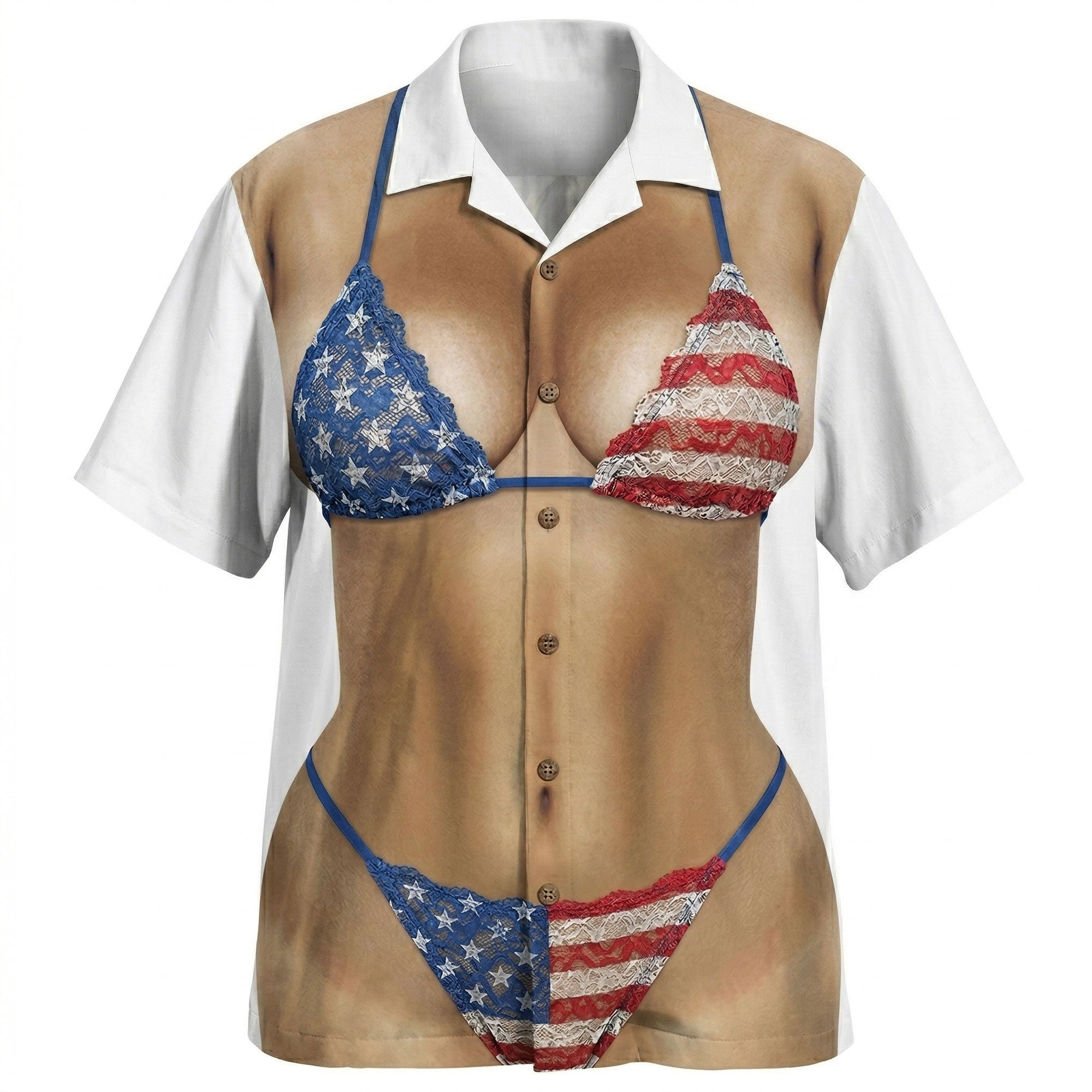 American Flag Bikini Hawaiian Shirt, Funny USA Patriotic Aloha Shirt, 4th of July Beach Party Shirt