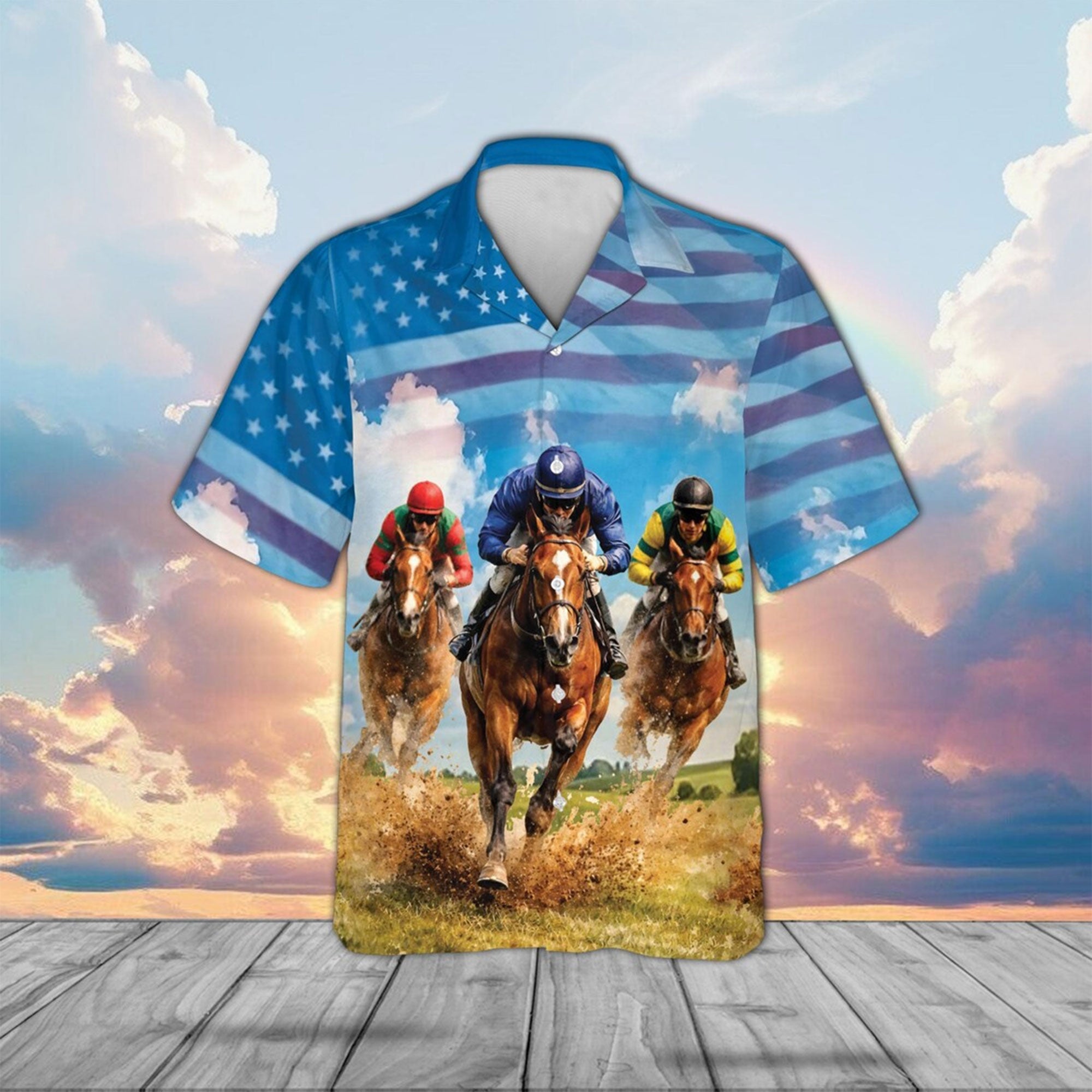 American Flag Horse Racing Hawaiian Shirt, USA Derby Patriotic Aloha Top