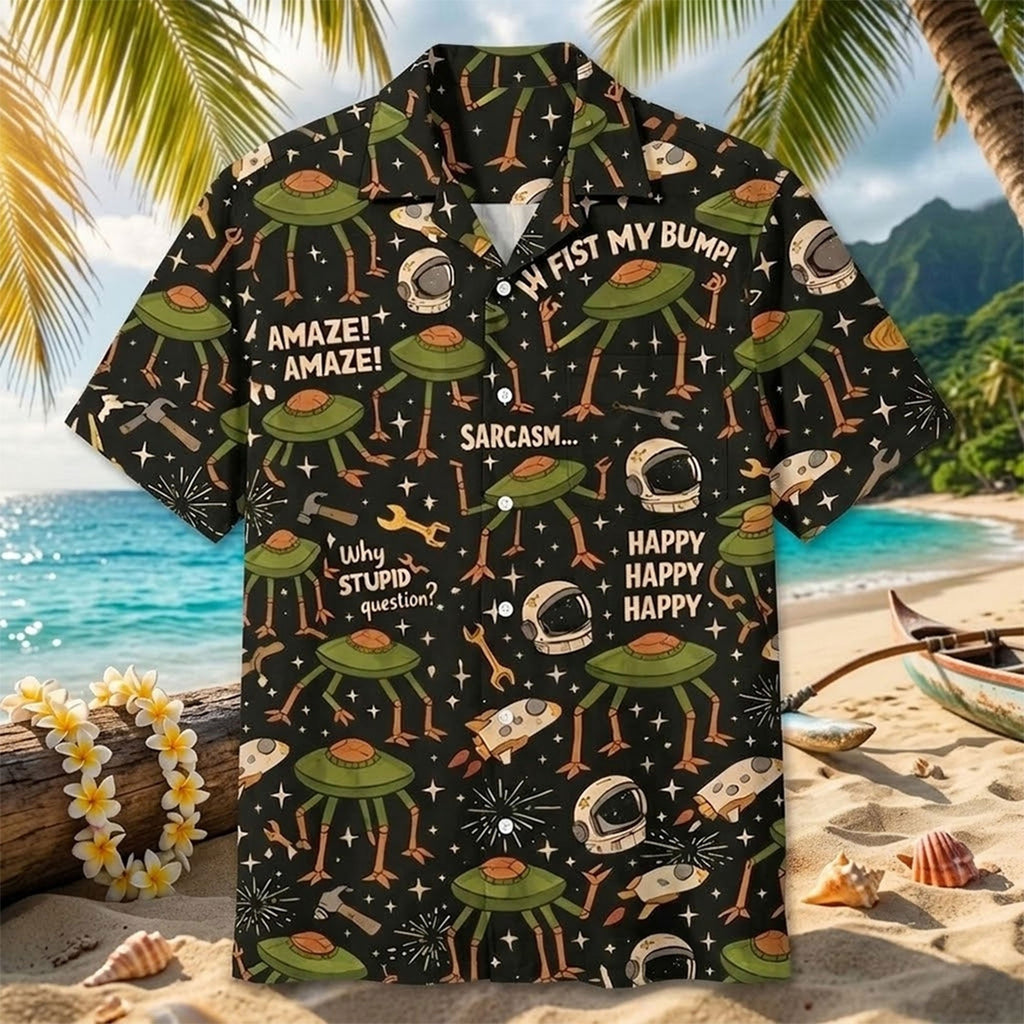Funny Alien Hawaiian Shirt, UFO Space Aloha Shirt for Men, Sarcastic Humor Button Up Shirt, Astronaut Galaxy Summer Shirt, Gift for Space Lovers