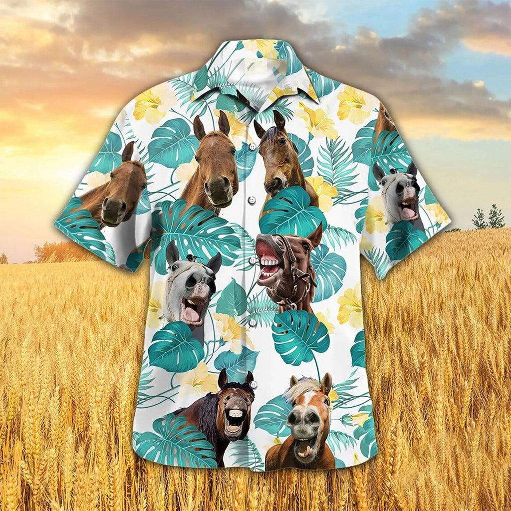 Funny Horse Aloha Shirt, Tropical Hawaiian Shirt, Horse Lover Gift, Beach Party Button Down