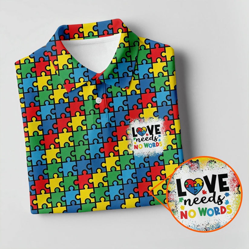 Autism Awareness Golf Polo Shirt for Men – Love Needs No Words Puzzle Piece Polo, Autism Dad Gift, Support Autism Golfer Shirt