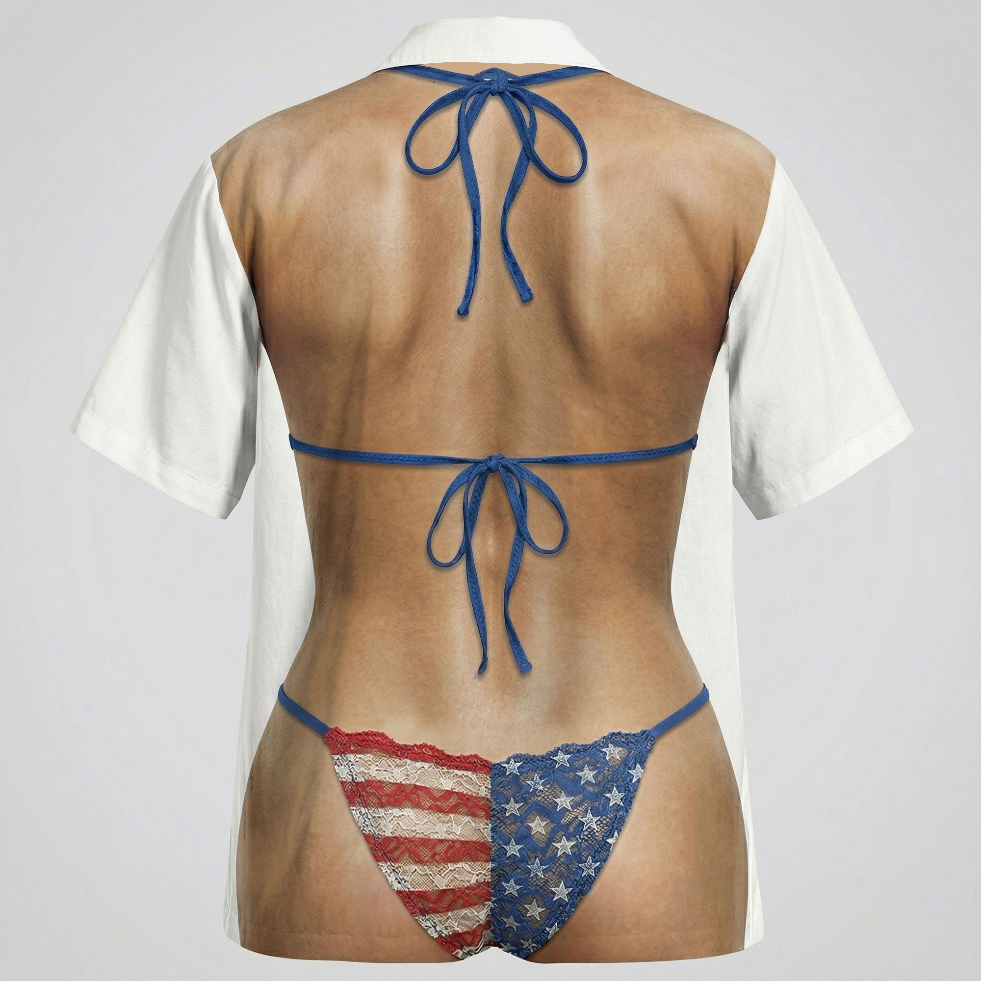 American Flag Bikini Hawaiian Shirt, Funny USA Patriotic Aloha Shirt, 4th of July Beach Party Shirt