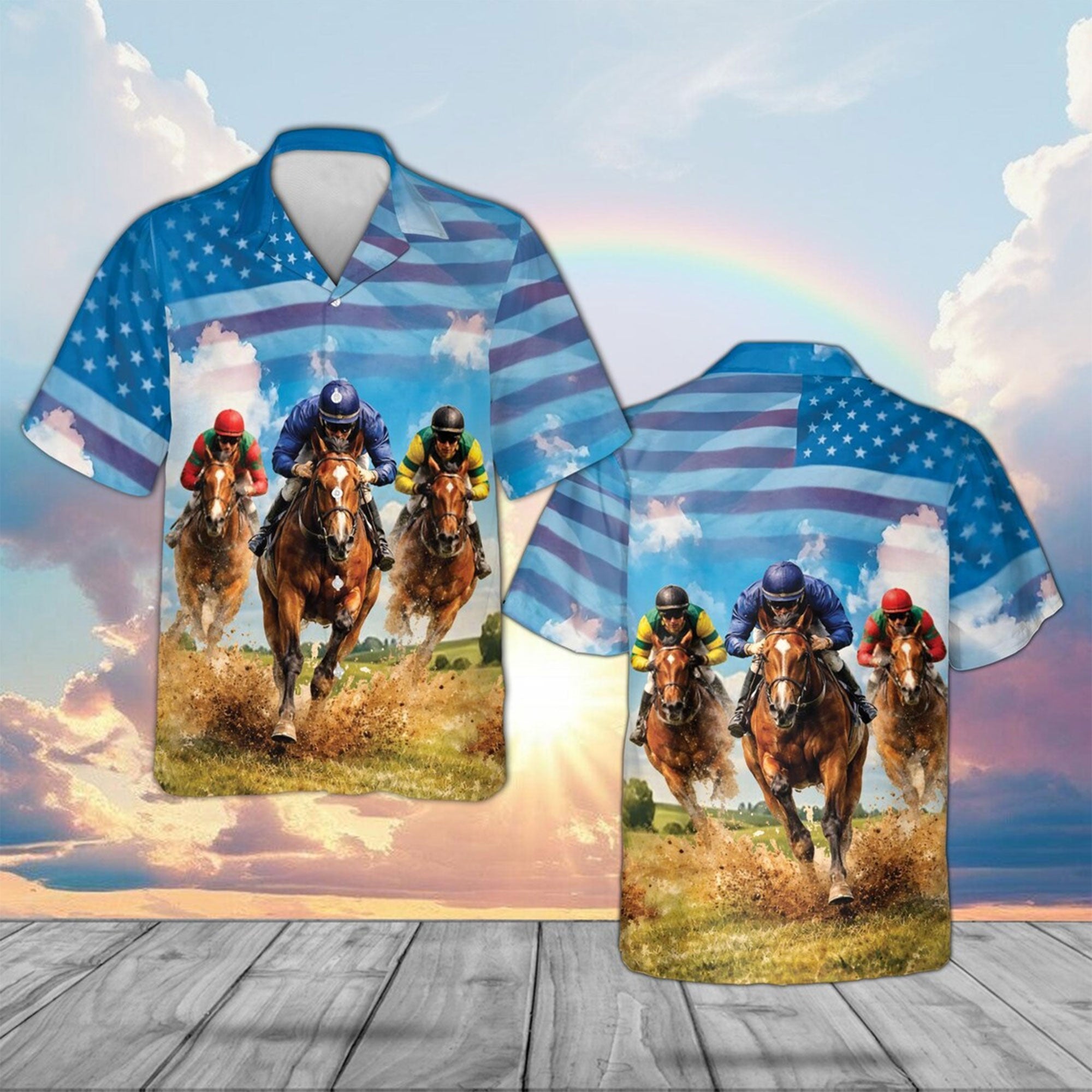 American Flag Horse Racing Hawaiian Shirt, USA Derby Patriotic Aloha Top