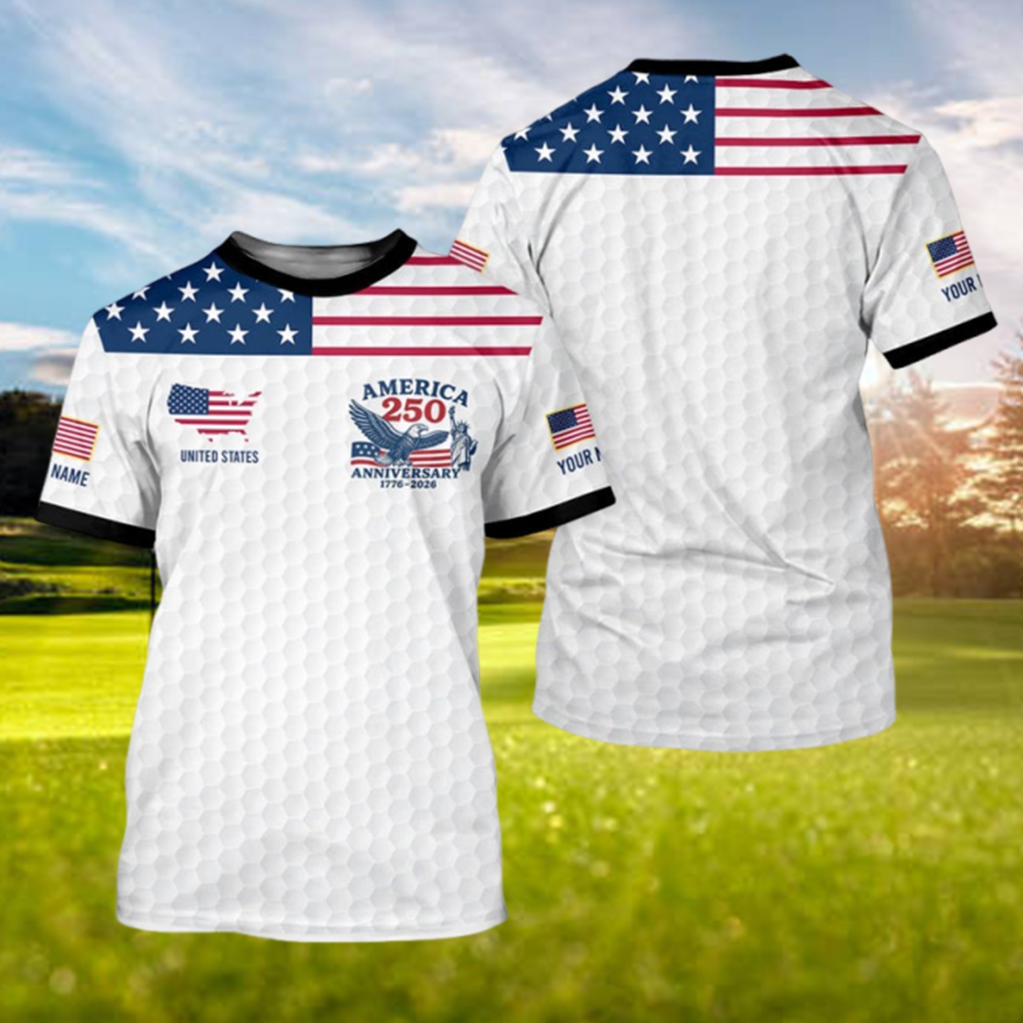 America 250 Anniversary 1776-2026 Patriotic Golf Polo Shirt for Men, Golf Ball Pattern 4th of July USA Independence Day Shirt