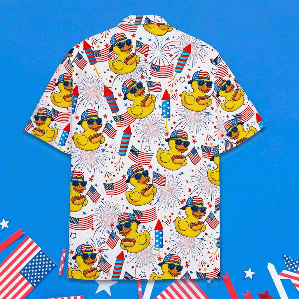 Funny Patriotic Duck Hawaiian Shirt  4th of July Aloha Button Down Independence Day Outfit That Gets Compliments