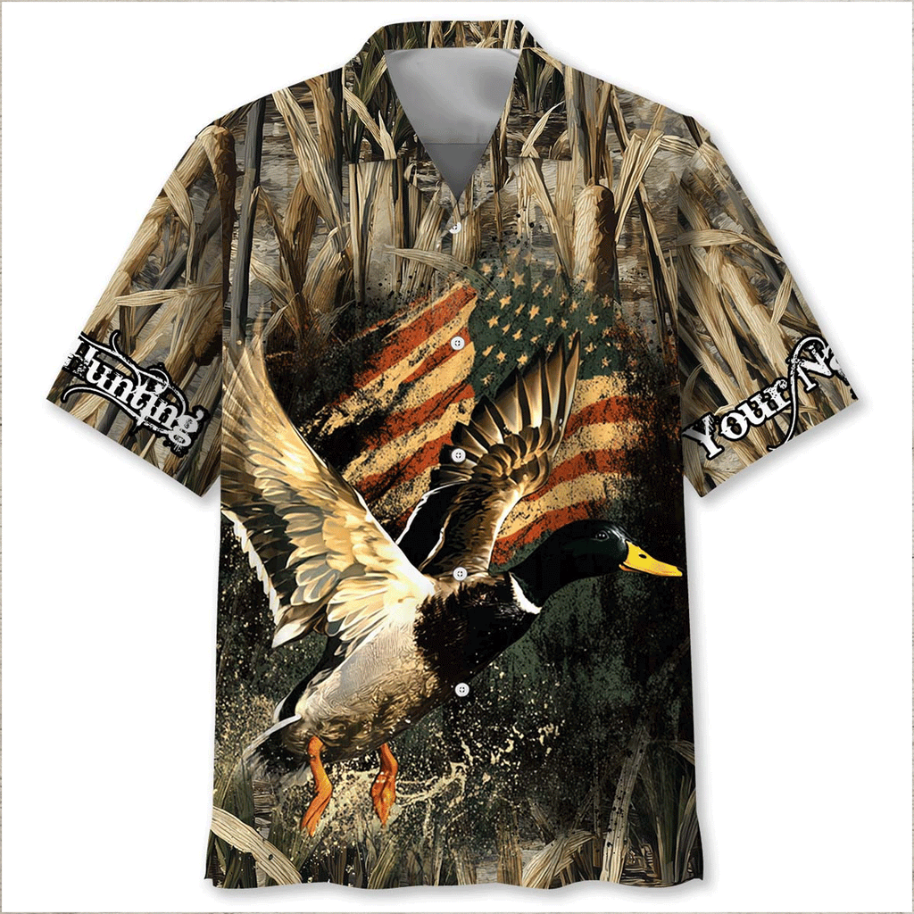 Custom Name America Duck Hunting Hawaiian Shirt  Patriotic Aloha Button Down Personalized Gift for Hunters