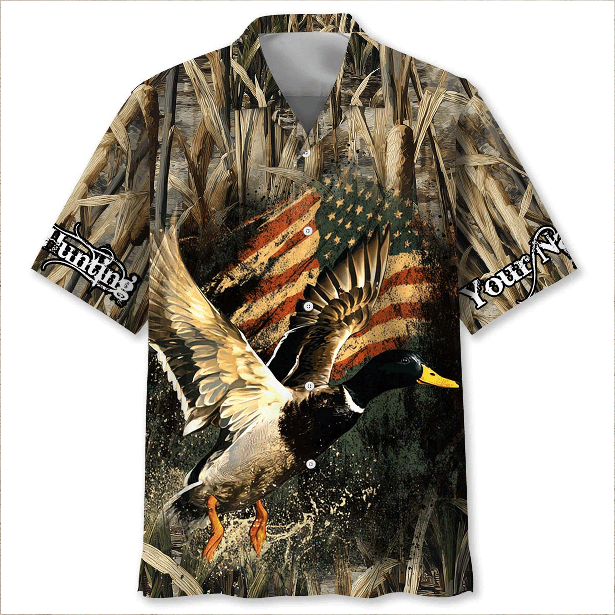 Custom Name America Duck Hunting Hawaiian Shirt  Patriotic Aloha Button Down Personalized Gift for Hunters