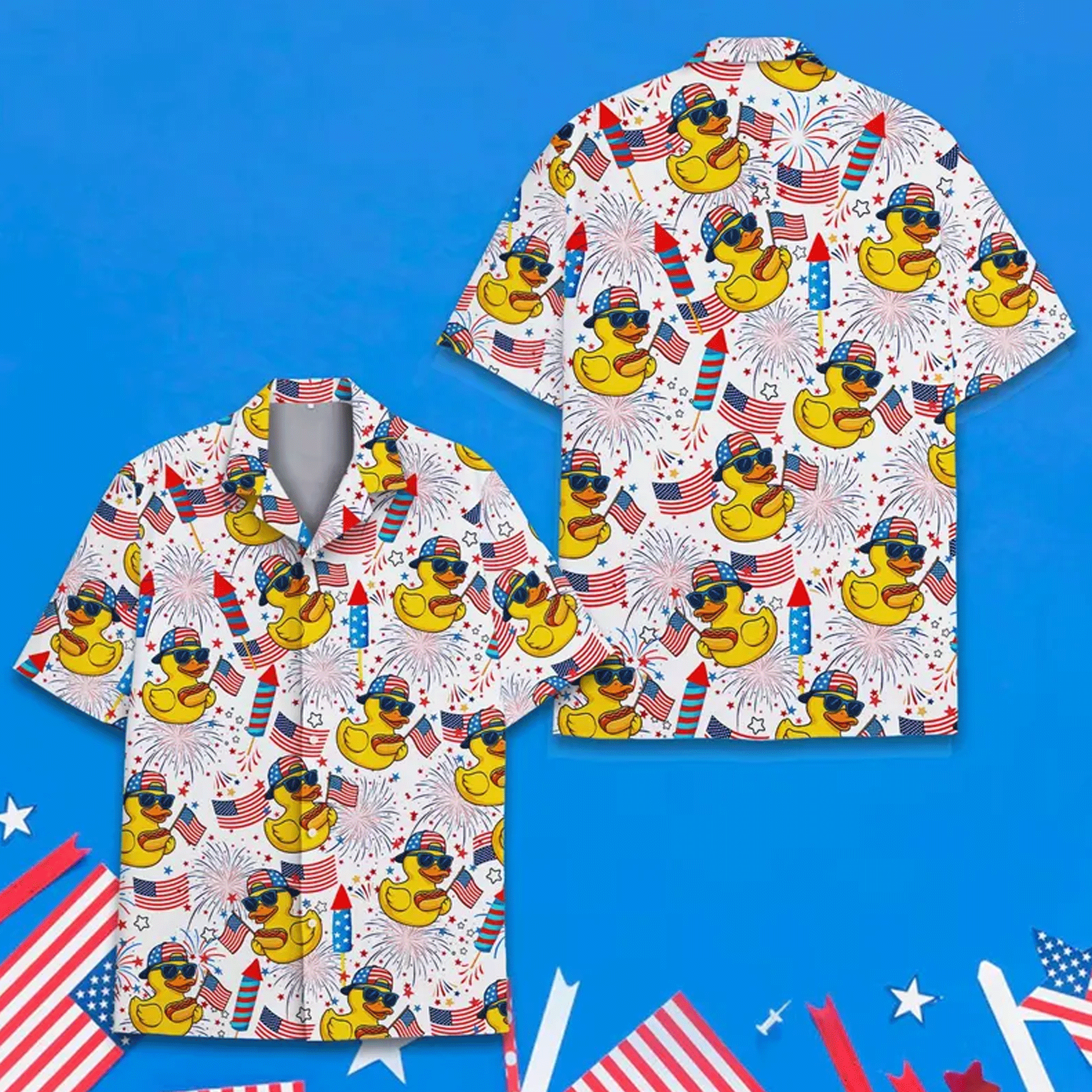 Funny Patriotic Duck Hawaiian Shirt  4th of July Aloha Button Down Independence Day Outfit That Gets Compliments