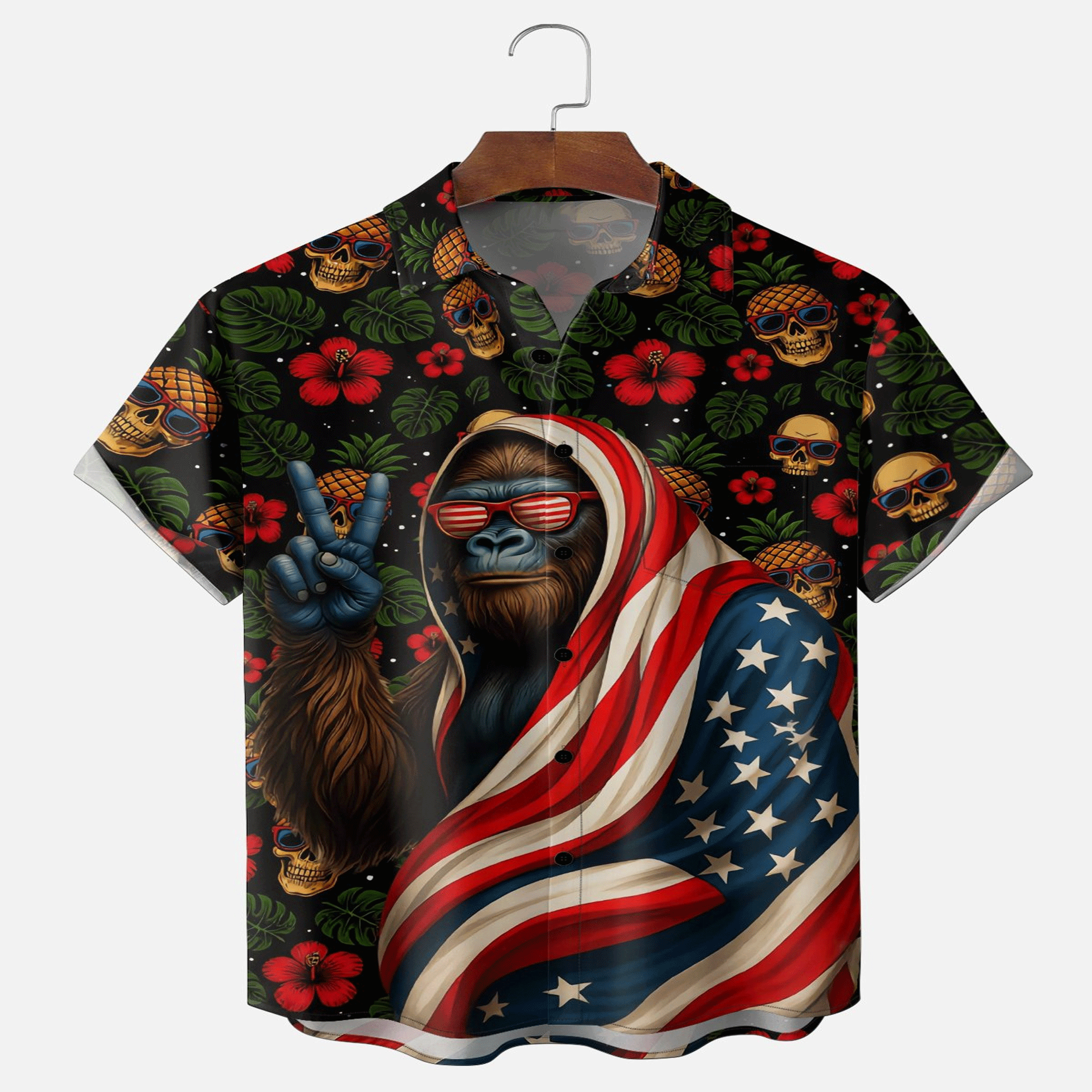 Bigfoot American Flag Hawaiian Shirt  Patriotic Gradient Aloha Button Down Moisture Wicking Summer Shirt That Stands Out