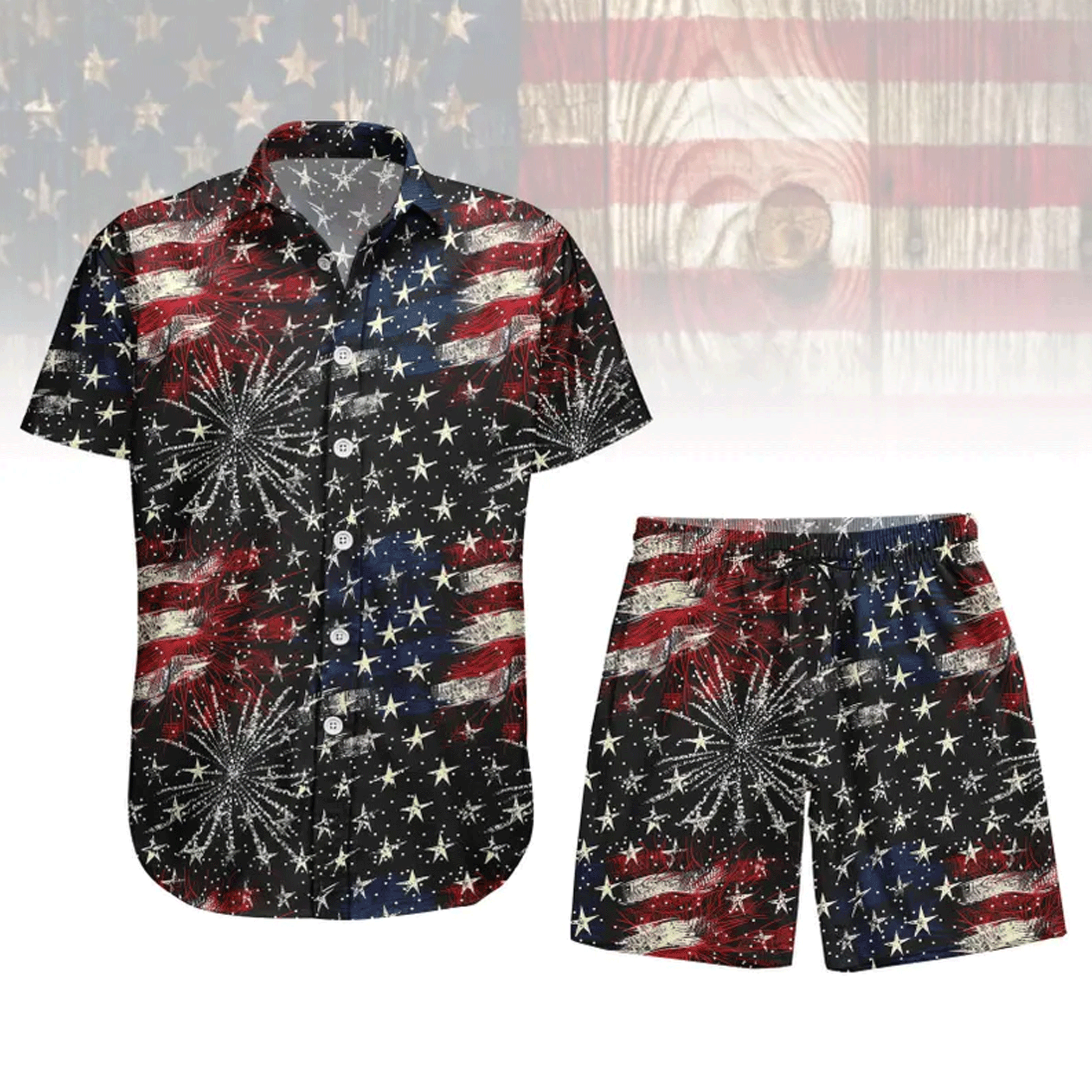 4th of July Hawaiian Shirt & Shorts Set American Flag Fireworks Patriotic Matching Outfit That Stands Out