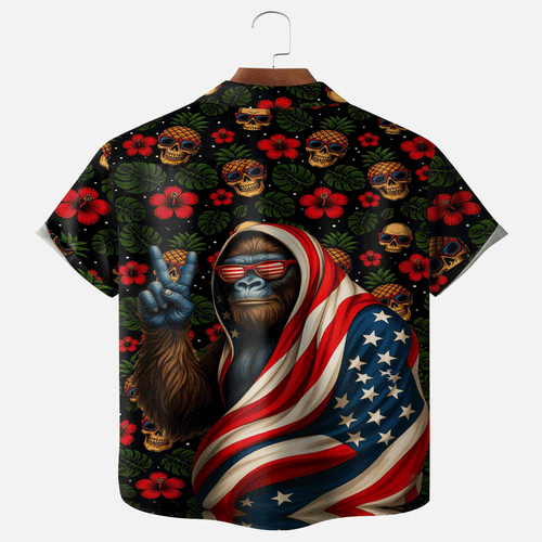 Bigfoot American Flag Hawaiian Shirt  Patriotic Gradient Aloha Button Down Moisture Wicking Summer Shirt That Stands Out