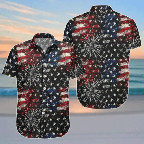 4th of July Hawaiian Shirt & Shorts Set American Flag Fireworks Patriotic Matching Outfit That Stands Out