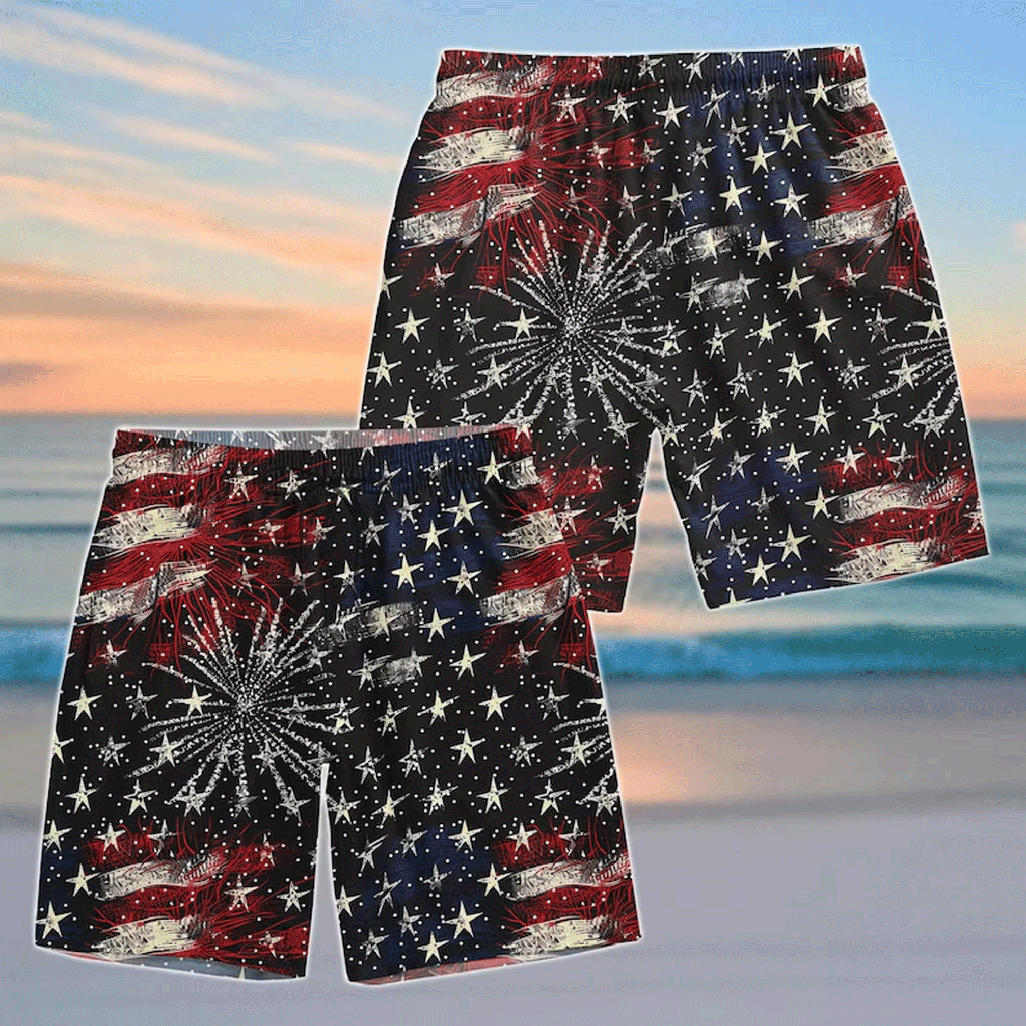 4th of July Hawaiian Shirt & Shorts Set American Flag Fireworks Patriotic Matching Outfit That Stands Out
