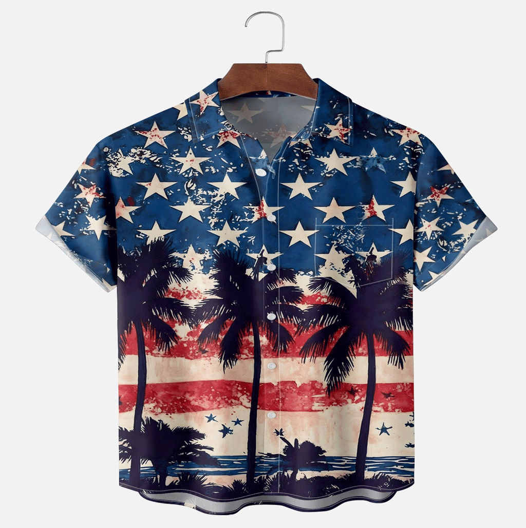 American Flag Palm Tree Hawaiian Shirt  Moisture Wicking Aloha Button Down Patriotic Beach Shirt