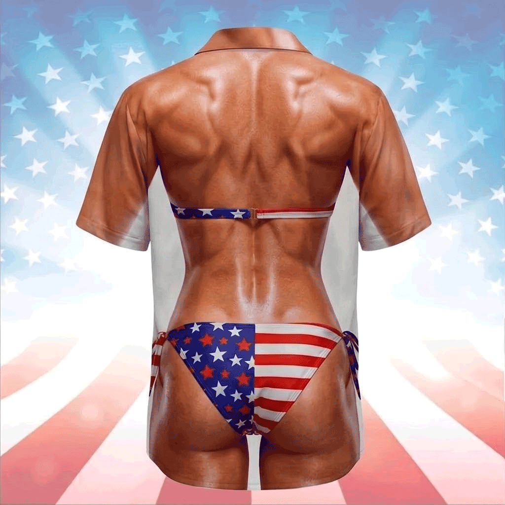 Funny Patriotic Hawaiian Shirt  USA Flag Bikini Body Illusion Aloha Button Down 4th of July Shirt