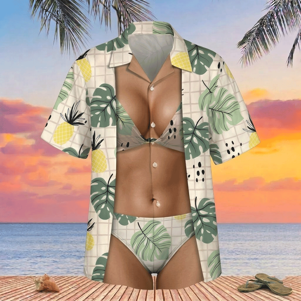 Funny Tropical Hawaiian Shirt  Bikini Body Illusion Aloha Button Down Summer Beach Outfit That Gets Laughs