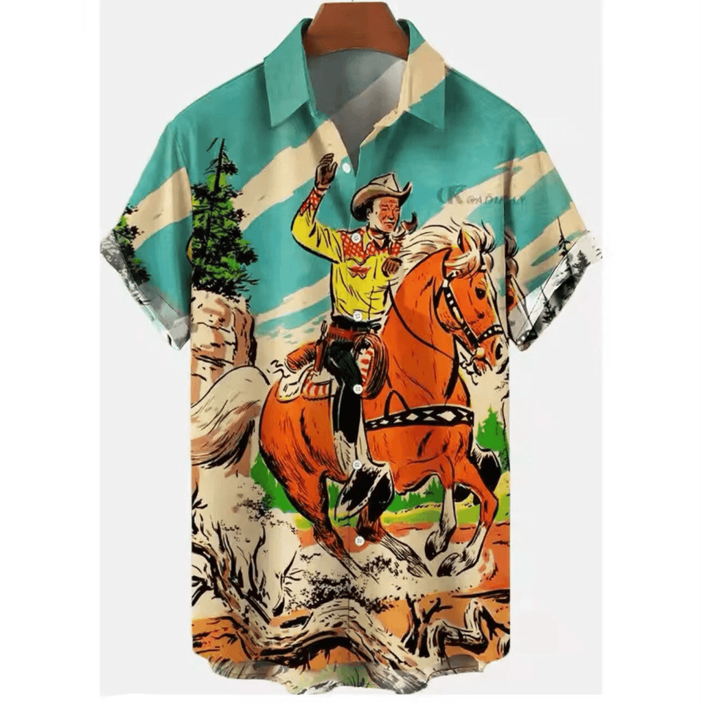 Men’s Cowboy Hawaiian Shirt XL  Western Aloha Button Down Short Sleeve Summer Outfit That Stands Out