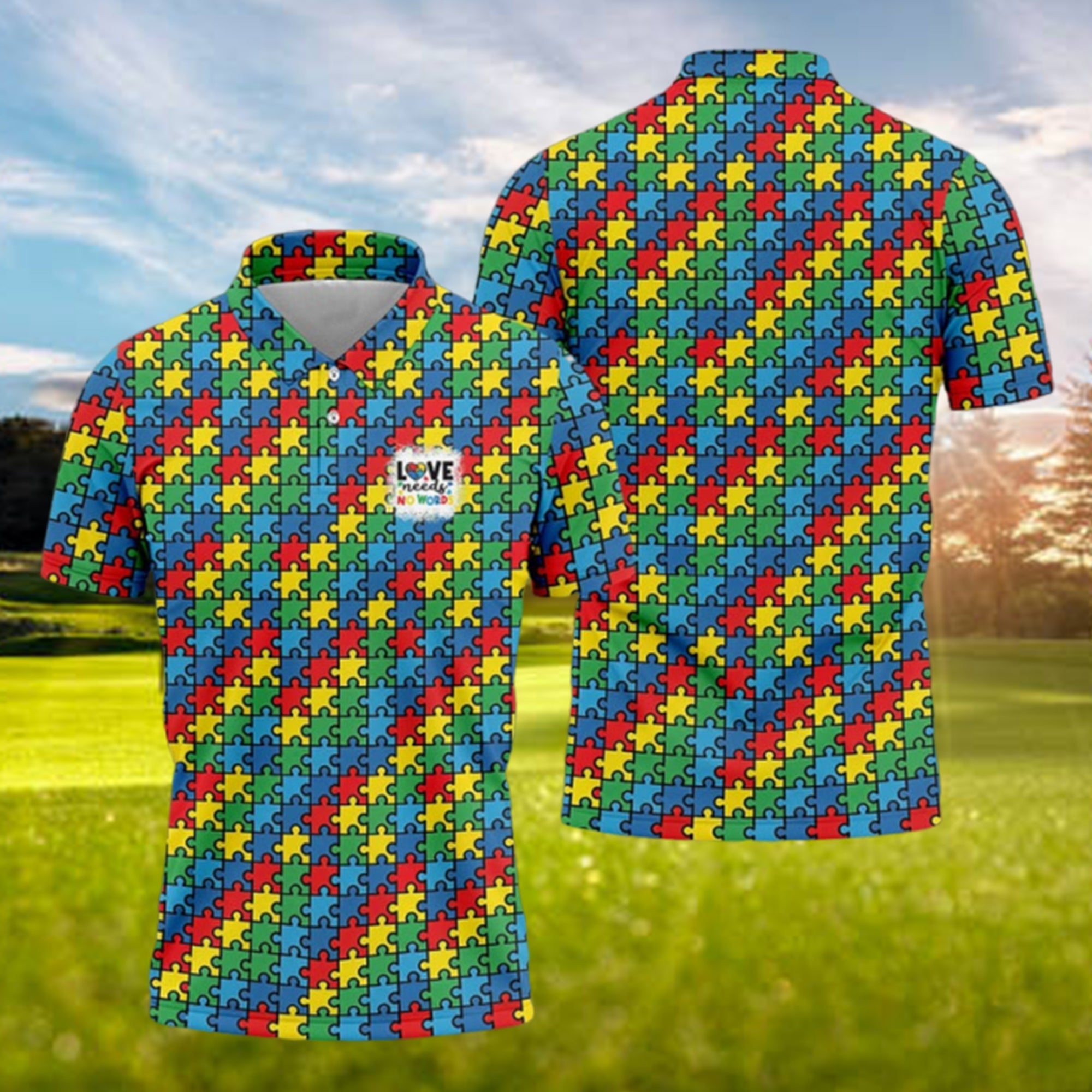 Autism Awareness Golf Polo Shirt for Men – Love Needs No Words Puzzle Piece Polo, Autism Dad Gift, Support Autism Golfer Shirt