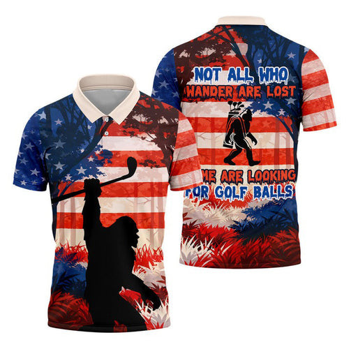 Bigfoot Golf Polo Shirt for Men Funny, Not All Who Wander Are Lost, 250th Patriotic Golf Shirt, USA Golfer Gift