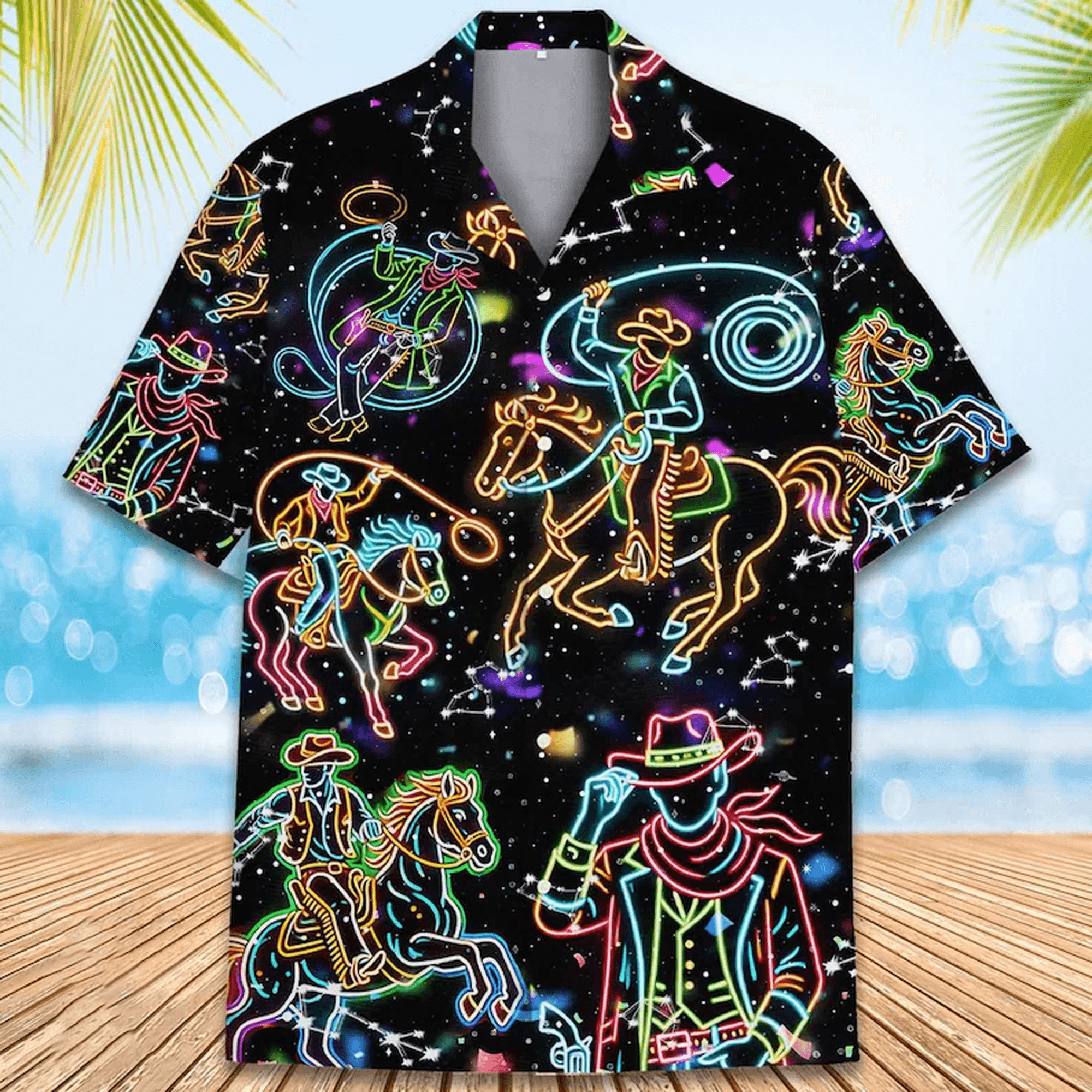 Neon Cowboy Hawaiian Shirt  Western Rodeo Aloha Button Down Festival Party Outfit That Stands Out