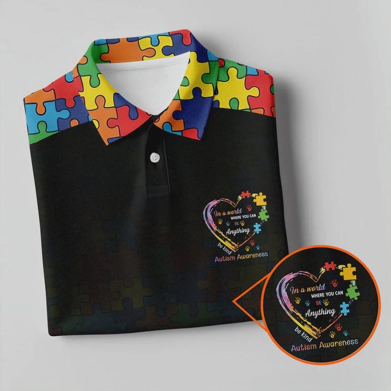 Autism Awareness Golf Polo Shirt for Men – Puzzle Pattern Polo – In A World Where You Can Be Anything Be Kind – Autism Support Shirt Gift