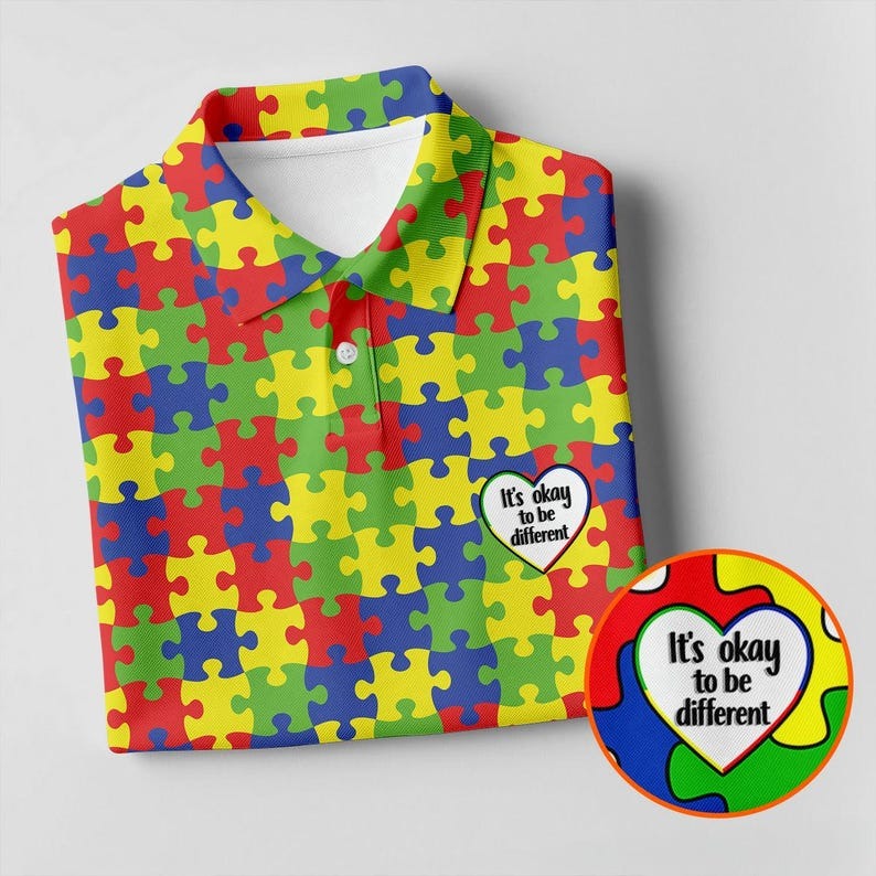 Autism Awareness Polo Shirt for Men & Women, Puzzle Piece Golf Shirt, It’s Okay To Be Different, April Autism Acceptance Month Gift