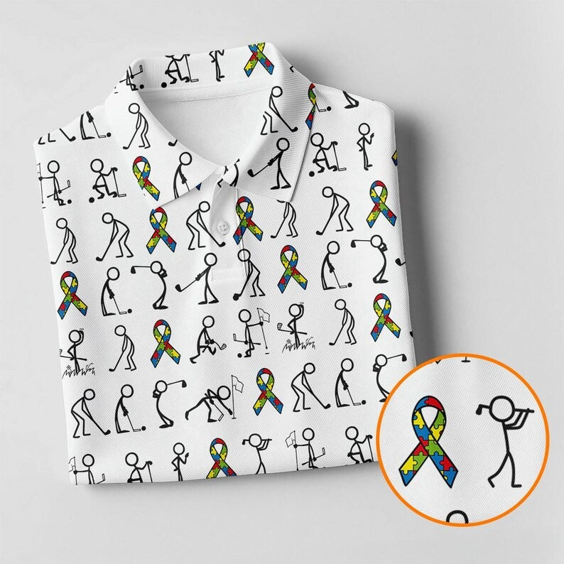 Autism Awareness Golf Polo Shirt for Men, Stick Figure Golf Pose with Autism Ribbon, Colorful Awareness Golf Shirt