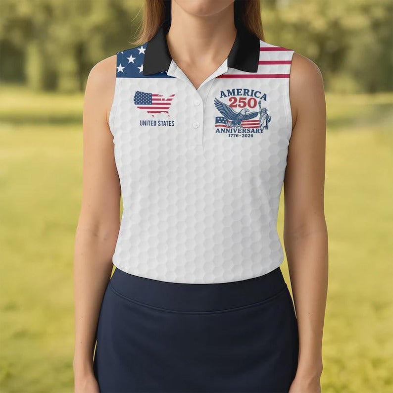 250 Year Celebration Sleeveless Golf Polo Shirt, Stars and Stripes Ladies Golf Shirt, Women Summer Golf Top