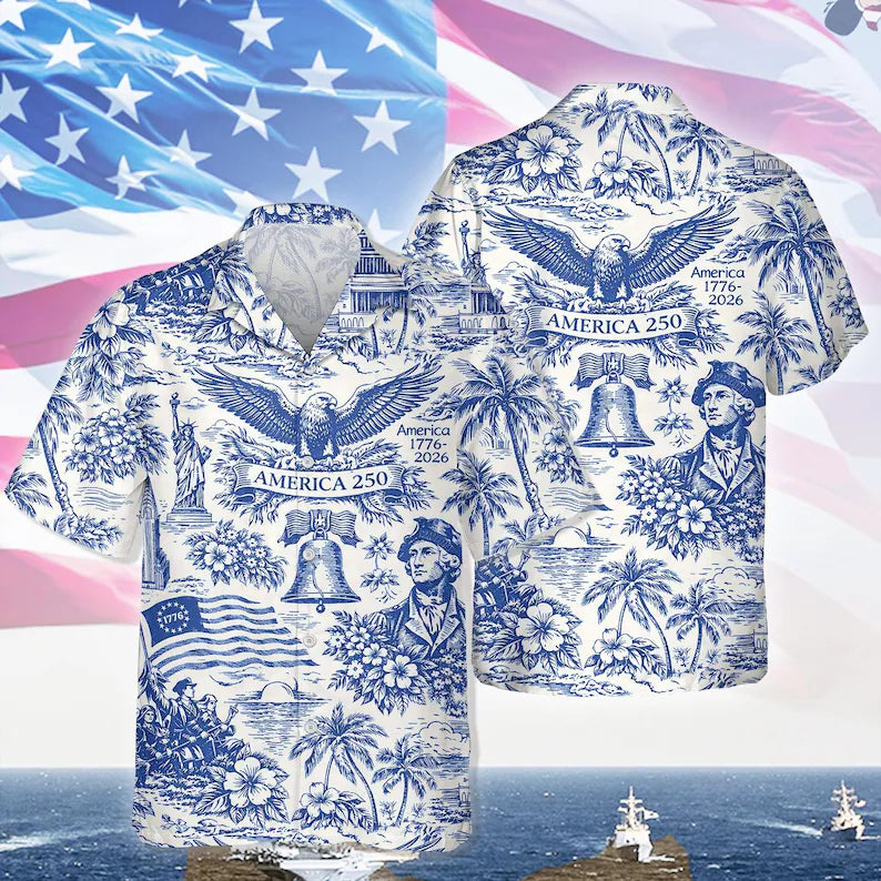 America 250 Hawaiian Shirt 1776–2026, Vintage Patriotic Shirt, 250 Years of America Celebration Button Down