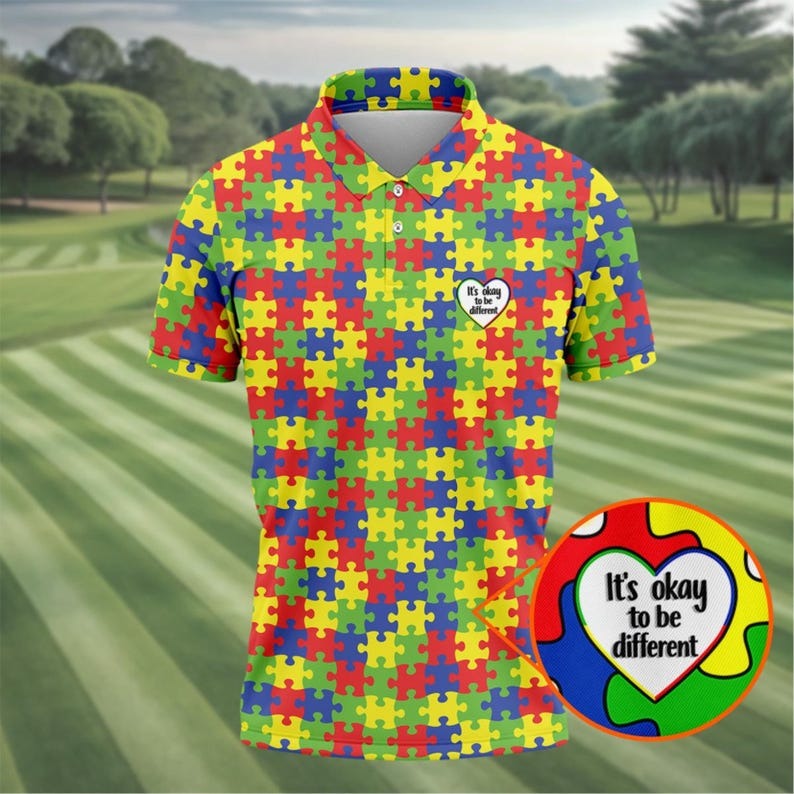 Autism Awareness Polo Shirt for Men & Women, Puzzle Piece Golf Shirt, It’s Okay To Be Different, April Autism Acceptance Month Gift