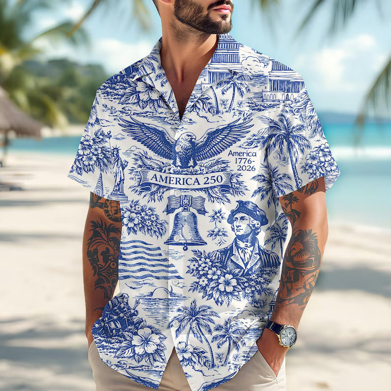America 250 Hawaiian Shirt 1776–2026, Vintage Patriotic Shirt, 250 Years of America Celebration Button Down