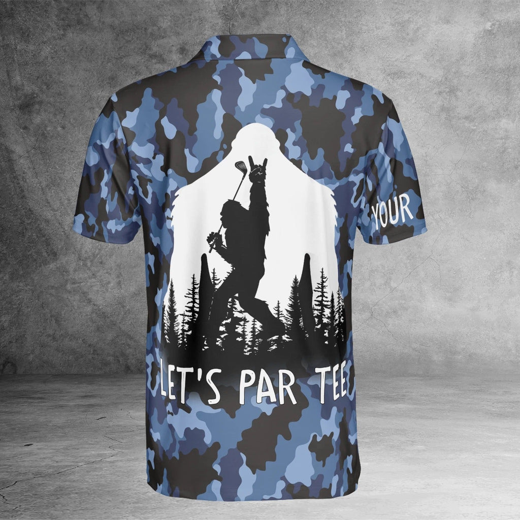 Bigfoot Golf Polo Shirt for Men, Funny Sasquatch Blue Camo Custom Name Polo, Personalized Golfer Gift